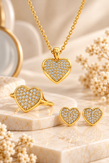 Yellow Gold Pavé Heart Jewelry Set
